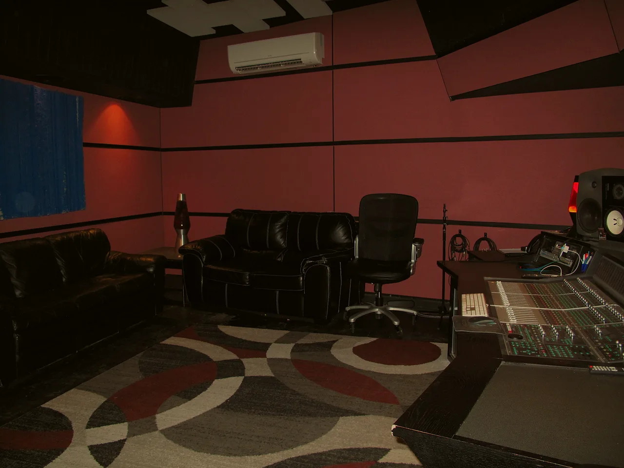 The Studio 4 lounge — leather seating beside the live room at the Cleveland studio